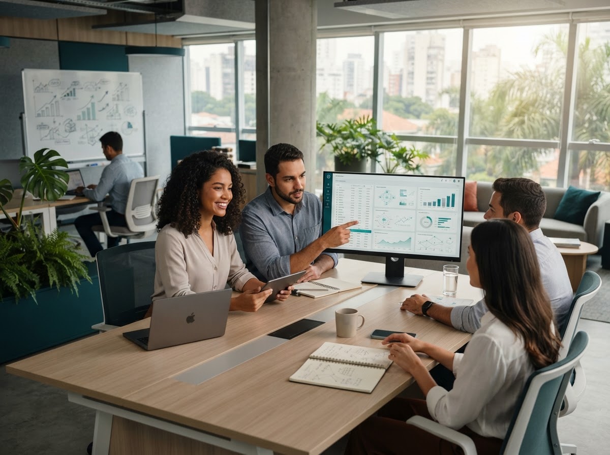 Soluções Financeiras Integradas — equipe analisando modelos de dados e indicadores de risco